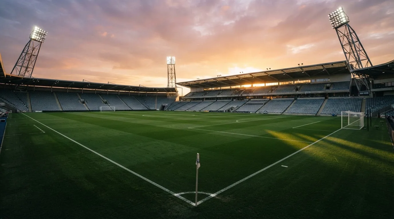 Un estadio de fútbol vacío con torres de iluminación al atardecer
