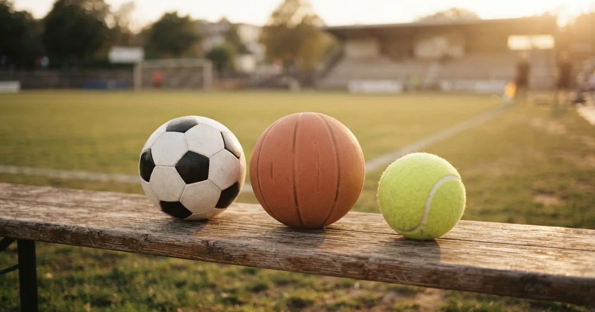 Tres balones de distintos tipos, uno junto a otro, sobre un banco de madera