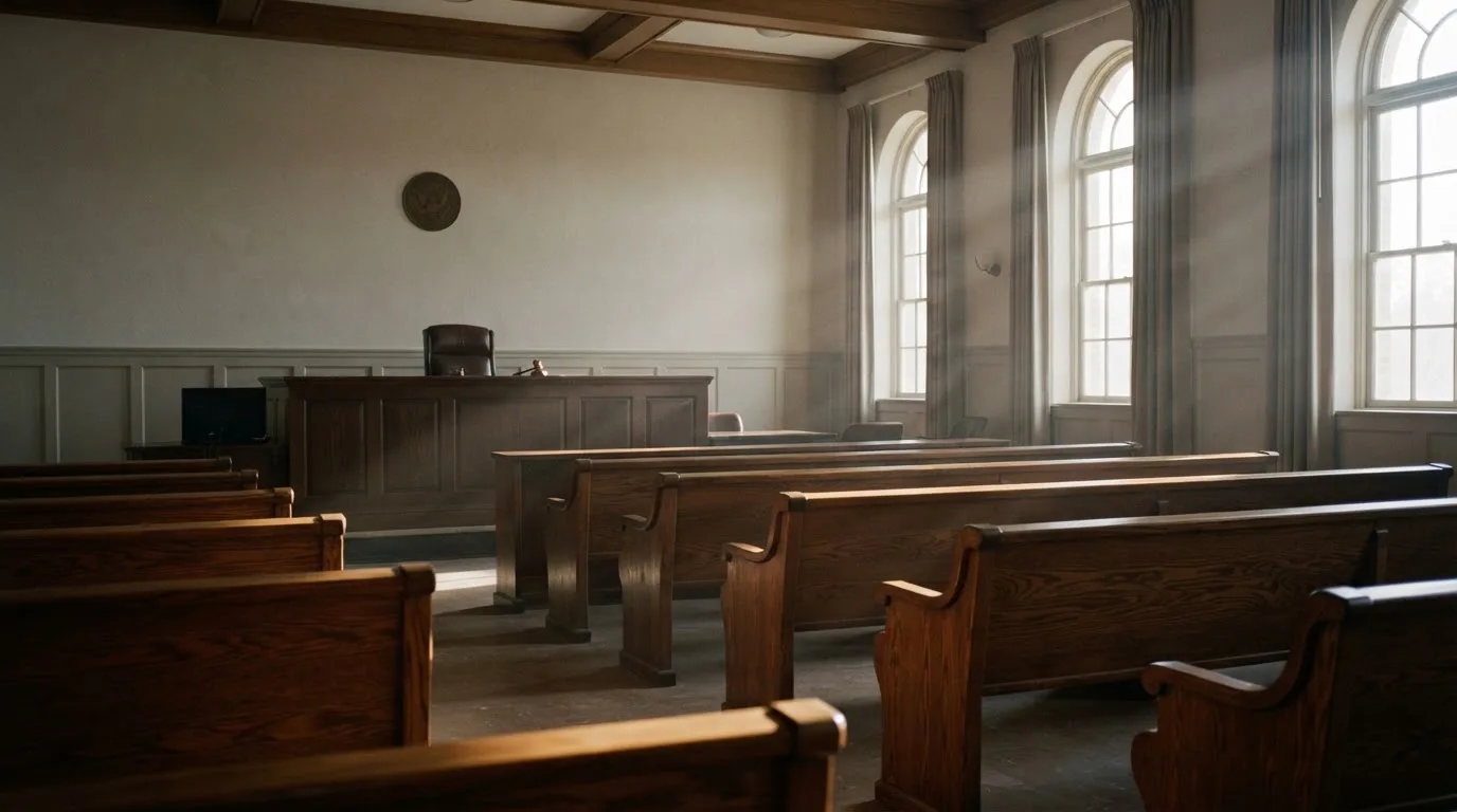 Una sala de tribunal vacía con bancos de madera a la luz de la mañana