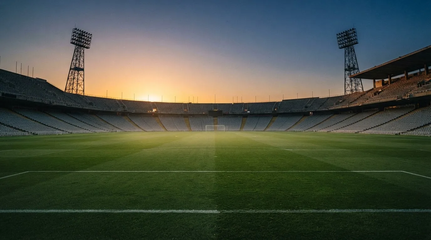 Un estadio de fútbol vacío con torres de iluminación al atardecer