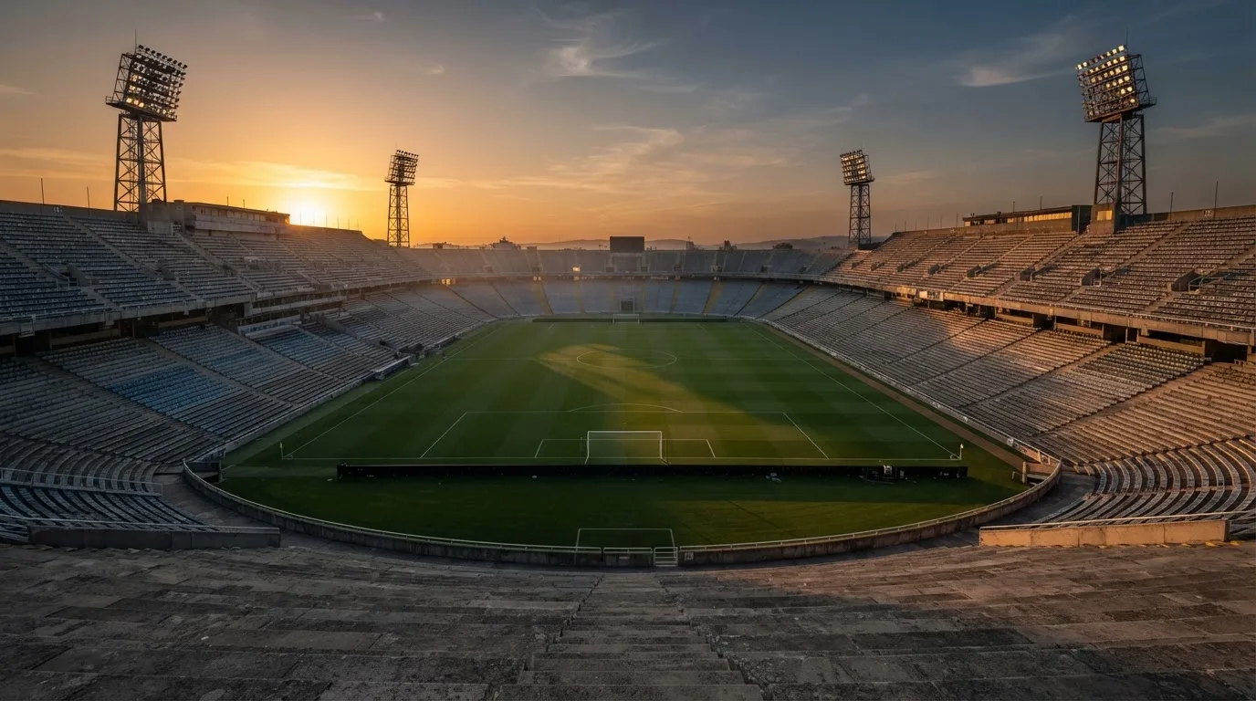 Un estadio de fútbol vacío con torres de iluminación al atardecer