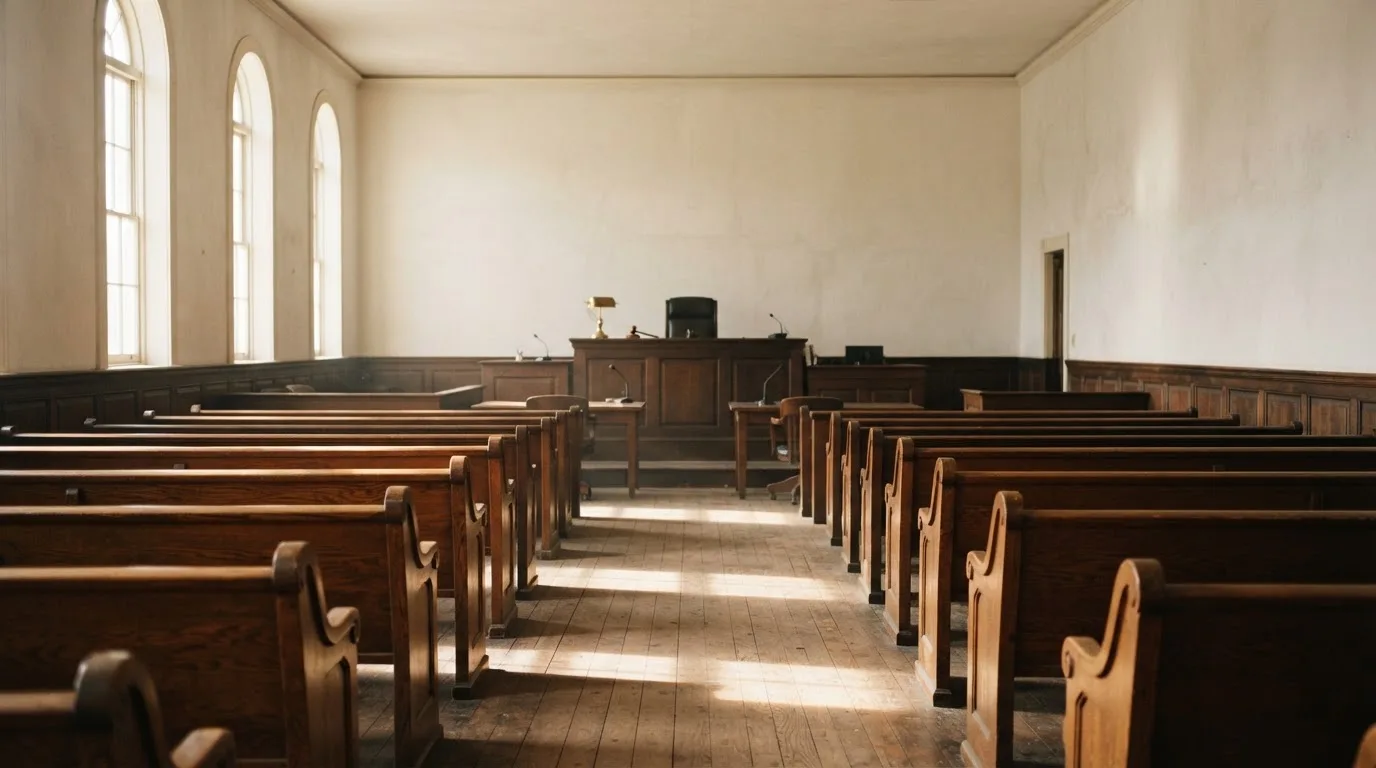 Una sala de tribunal vacía con bancos de madera a la luz de la mañana