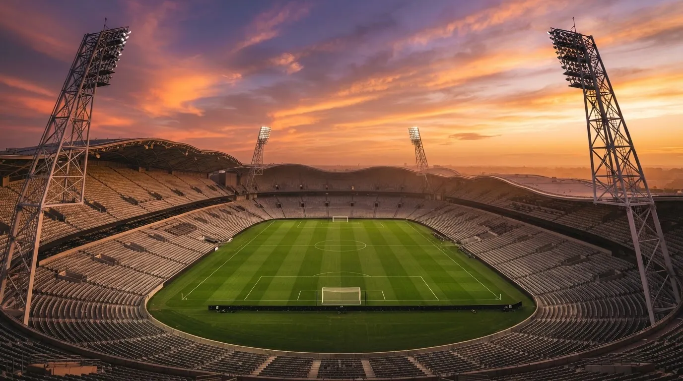 Un estadio de fútbol vacío con torres de iluminación al atardecer