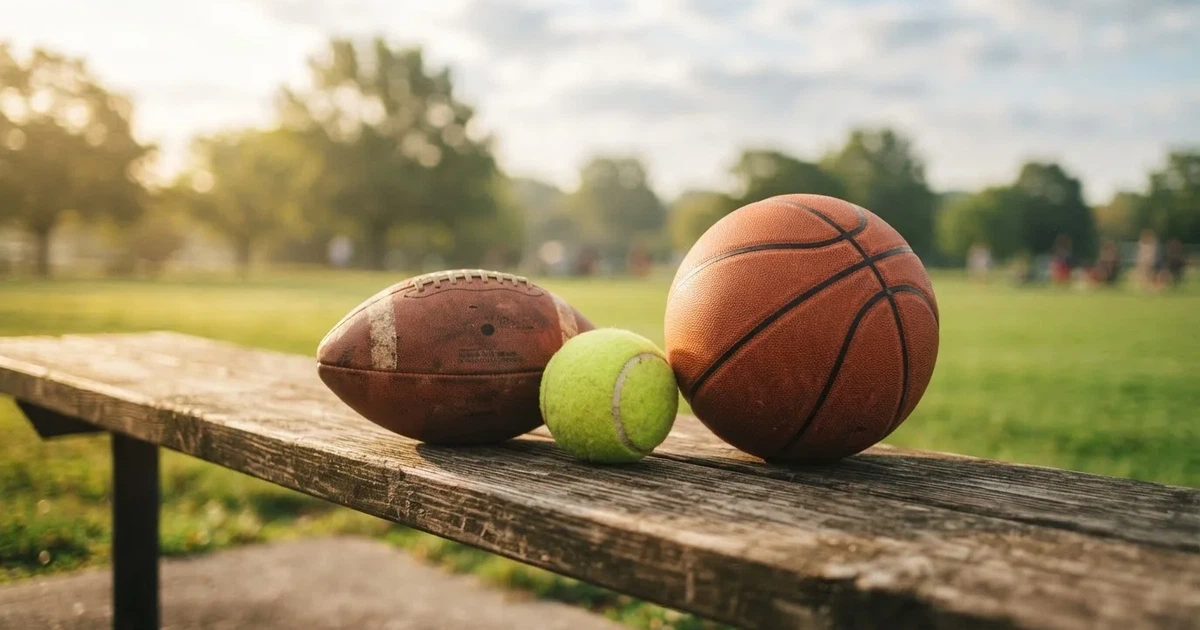 Tres balones de distintos tipos, uno junto a otro, sobre un banco de madera