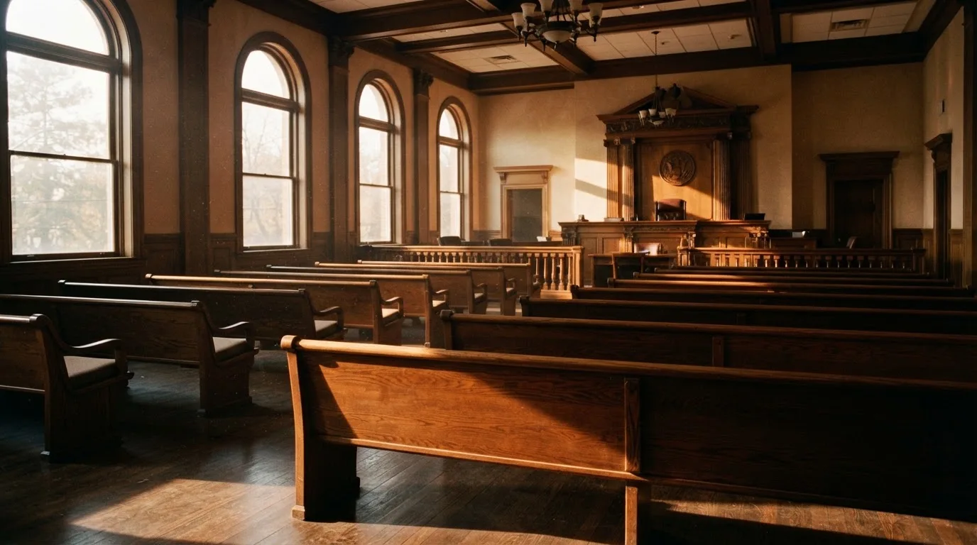 Una sala de tribunal vacía con bancos de madera a la luz de la mañana