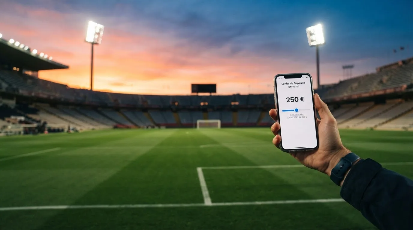 Un estadio de fútbol vacío con torres de iluminación al atardecer
