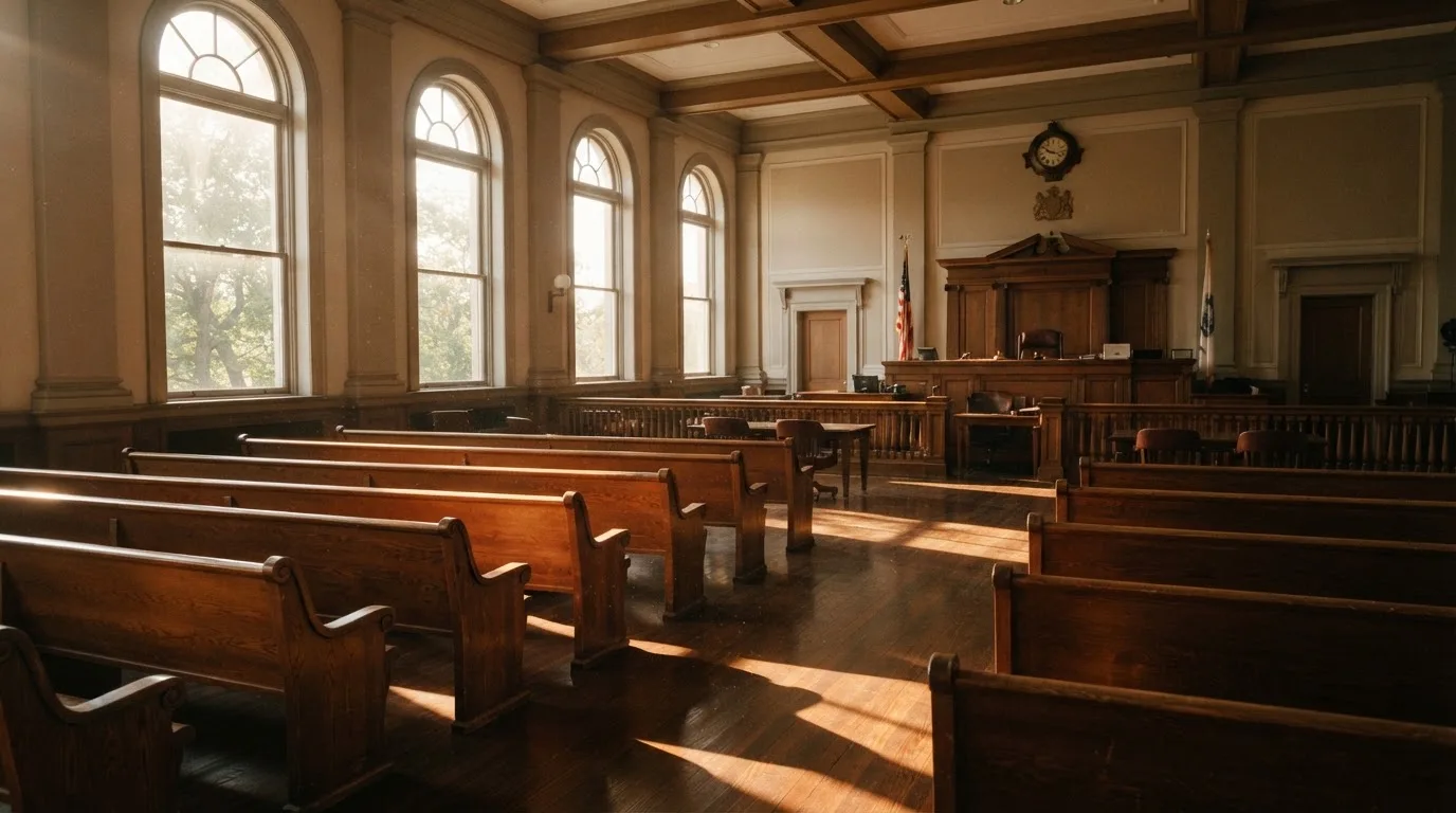 Una sala de tribunal vacía con bancos de madera a la luz de la mañana