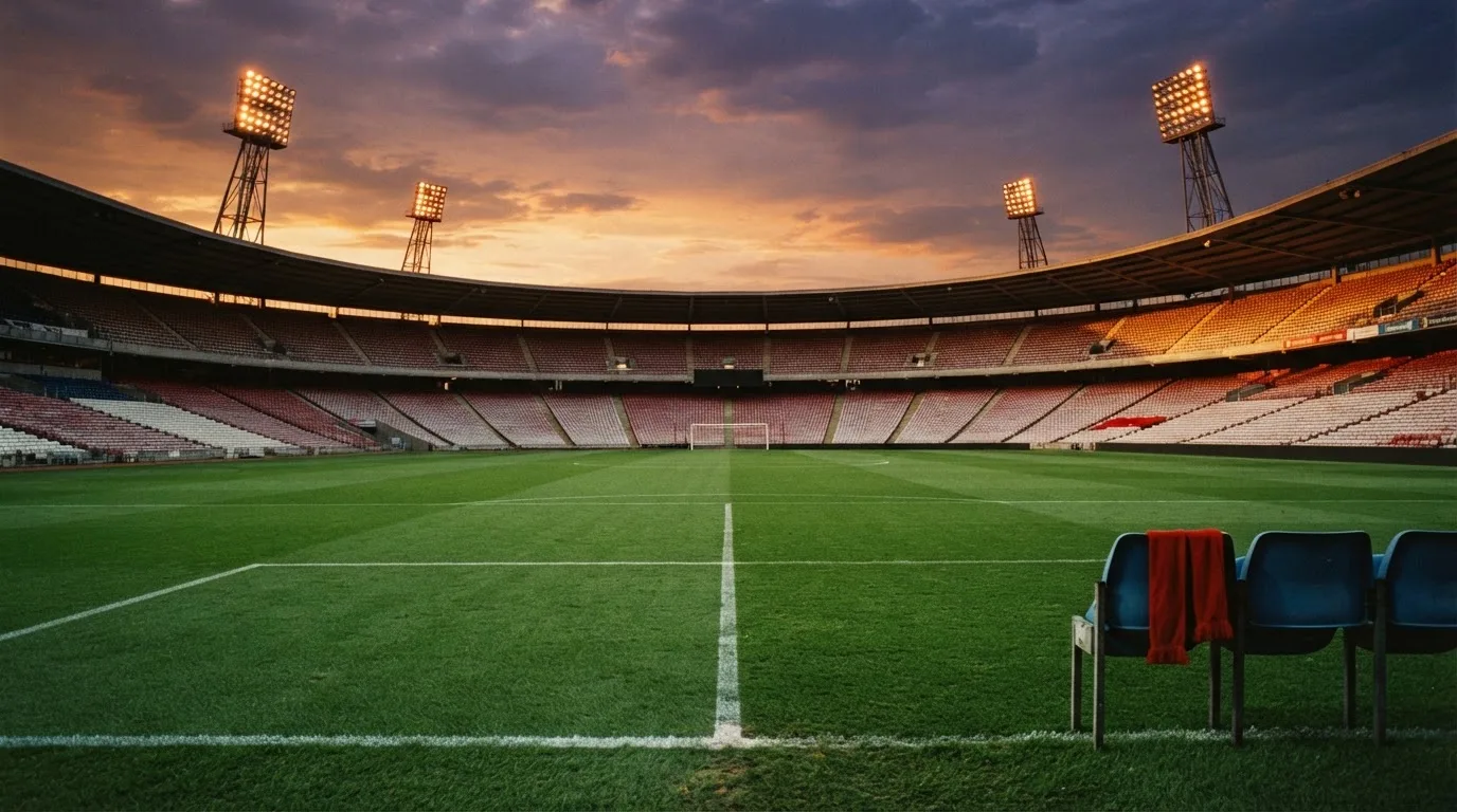 Un estadio de fútbol vacío con torres de iluminación al atardecer