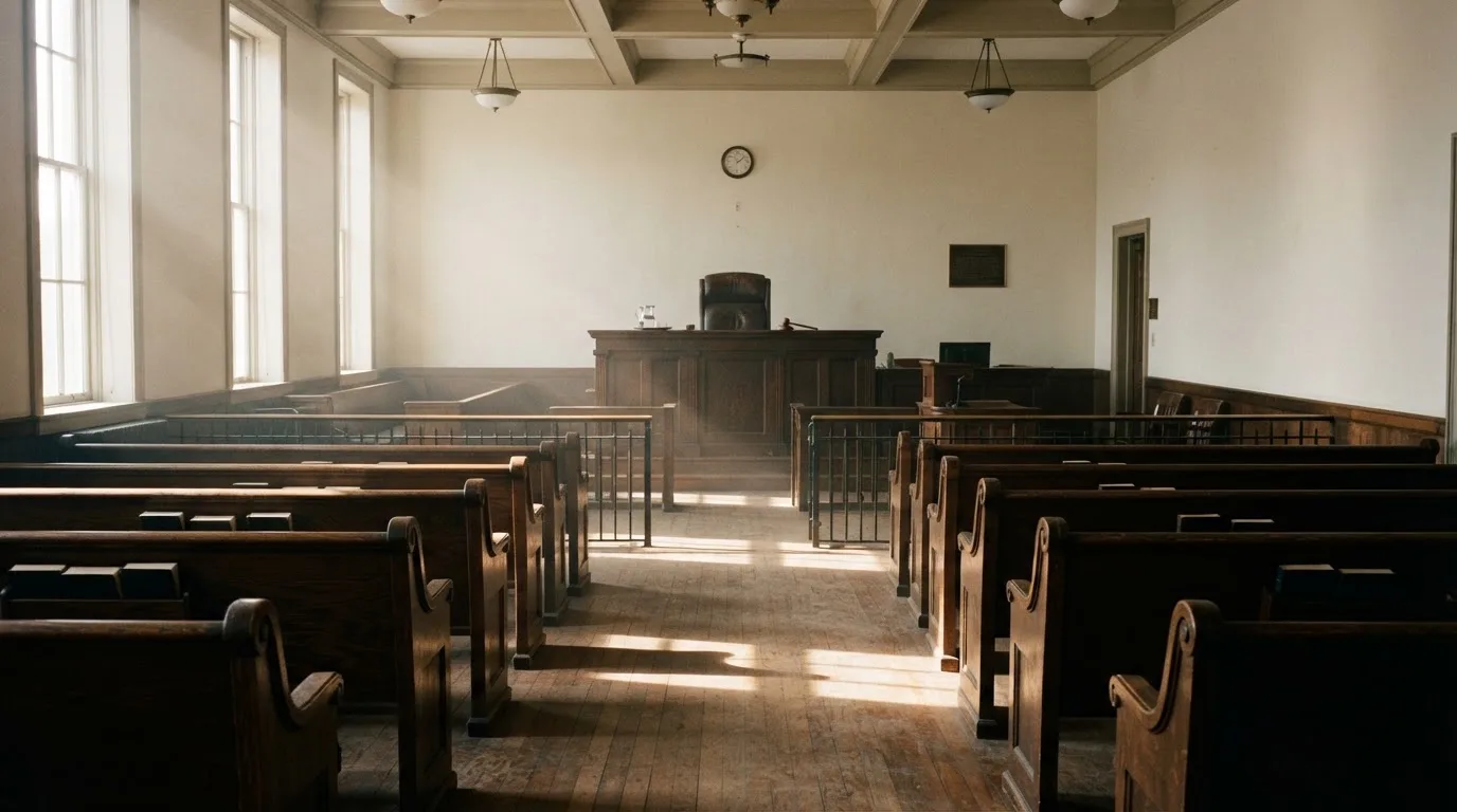 Una sala de tribunal vacía con bancos de madera a la luz de la mañana