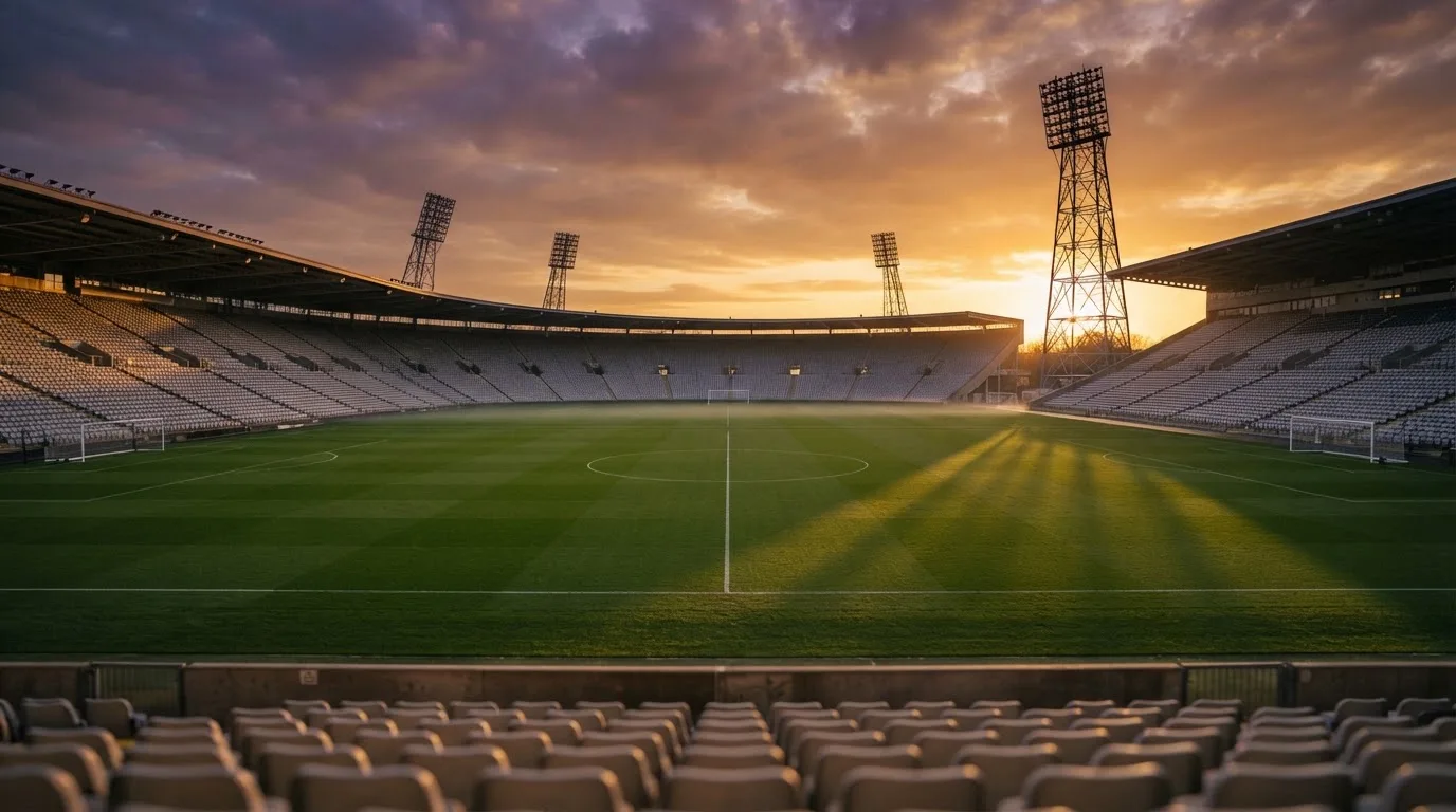 Un estadio de fútbol vacío con torres de iluminación al atardecer