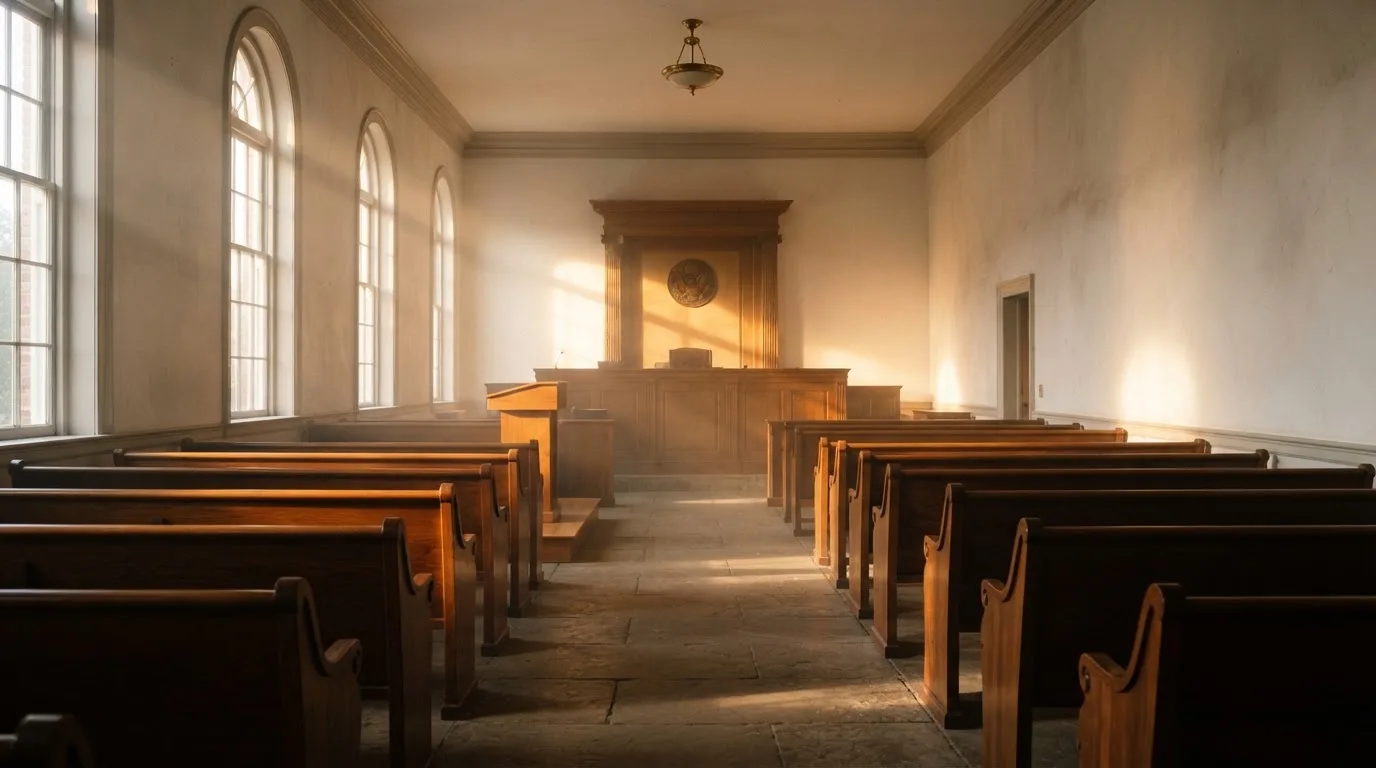 Una sala de tribunal vacía con bancos de madera a la luz de la mañana