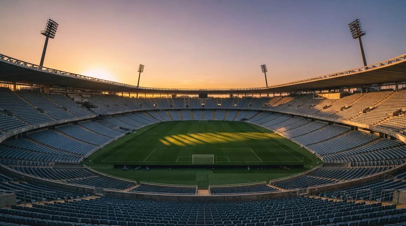 Un estadio de fútbol vacío con torres de iluminación al atardecer