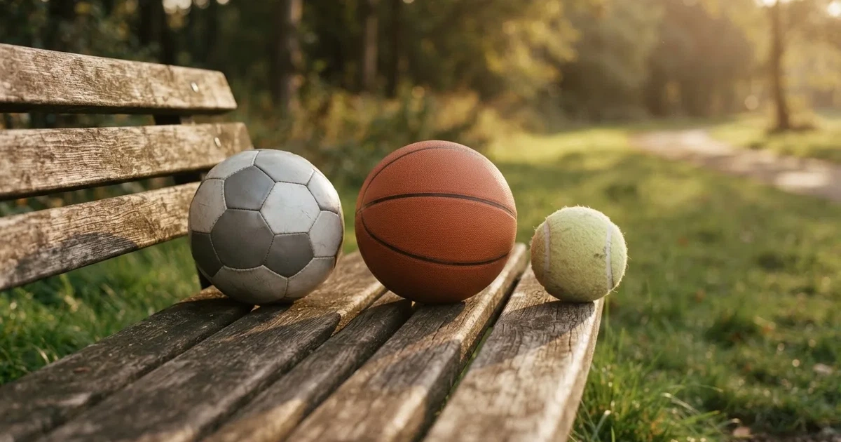 Tres balones de distintos tipos, uno junto a otro, sobre un banco de madera