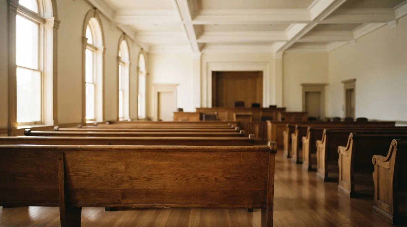 Una sala de tribunal vacía con bancos de madera a la luz de la mañana