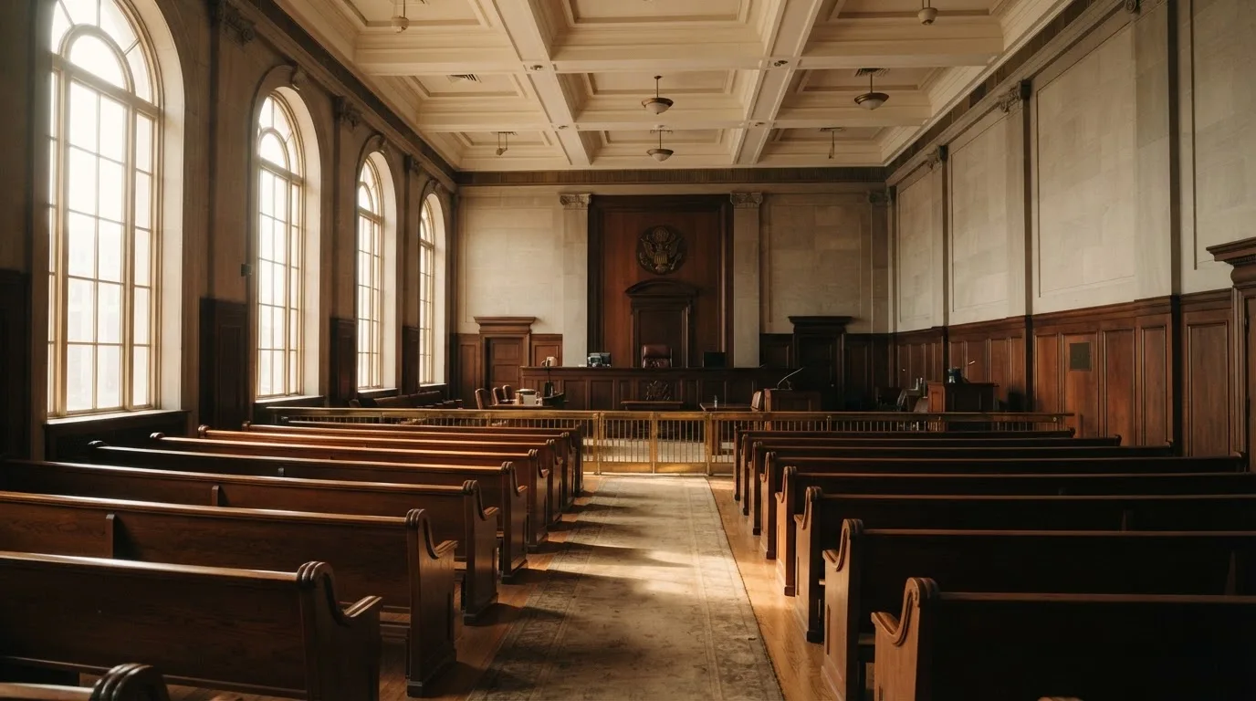 Una sala de tribunal vacía con bancos de madera a la luz de la mañana