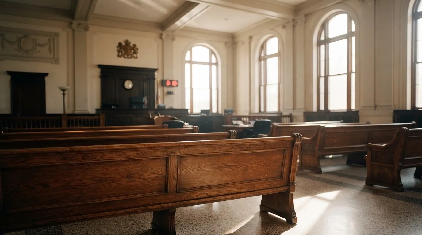 Una sala de tribunal vacía con bancos de madera a la luz de la mañana