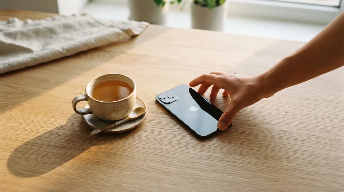 Una mano deja un móvil junto a una taza de té sobre la mesa de la cocina, una tarde tranquila