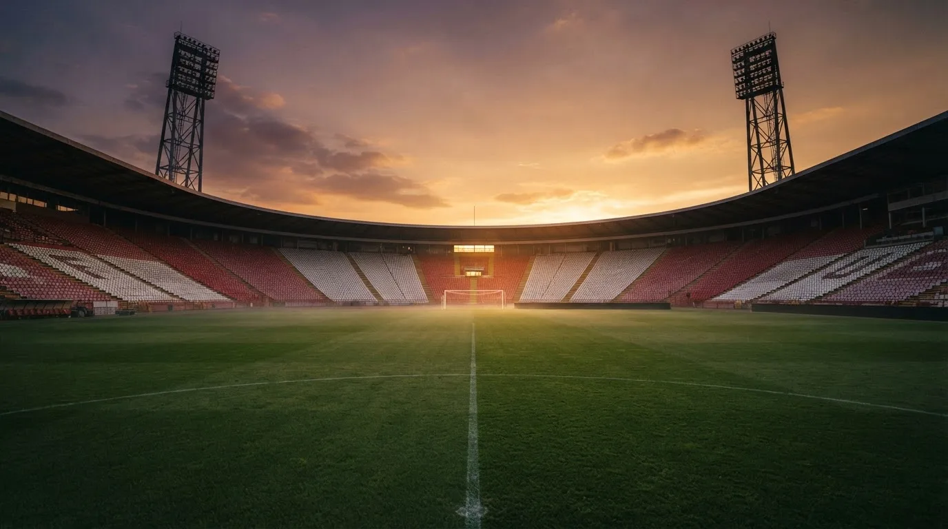 Un estadio de fútbol vacío con torres de iluminación al atardecer