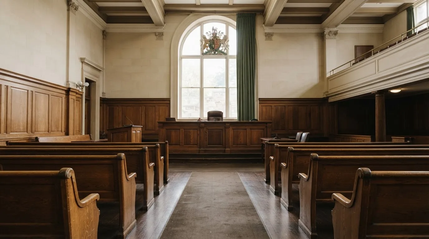 Una sala de tribunal vacía con bancos de madera a la luz de la mañana