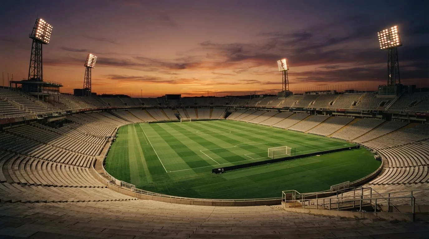 Un estadio de fútbol vacío con torres de iluminación al atardecer