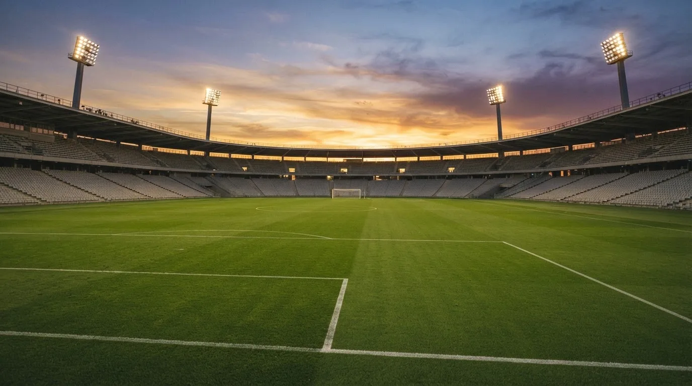 Un estadio de fútbol vacío con torres de iluminación al atardecer