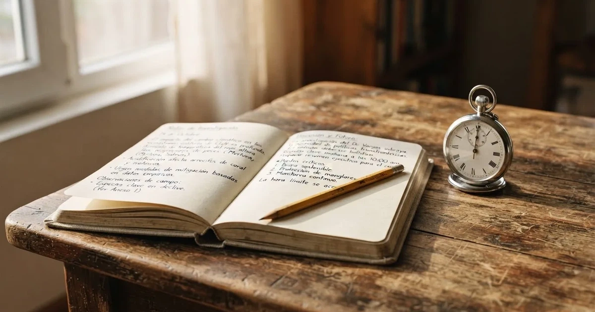 Un cuaderno abierto con un lápiz y un cronómetro sobre una mesa de madera