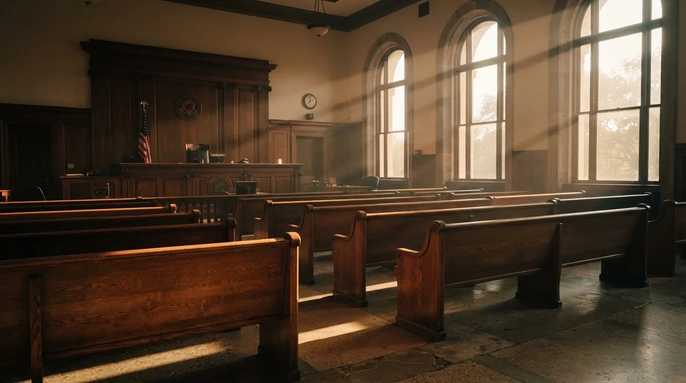Una sala de tribunal vacía con bancos de madera a la luz de la mañana