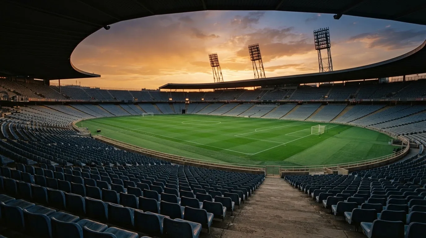 Un estadio de fútbol vacío con torres de iluminación al atardecer