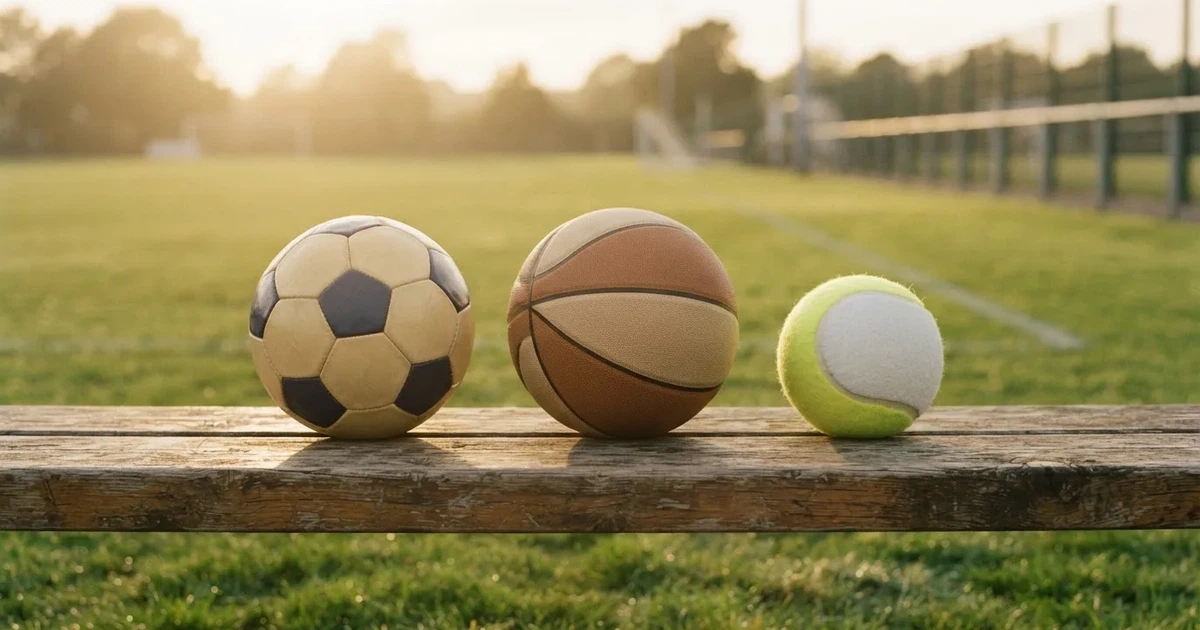 Tres balones de distintos tipos, uno junto a otro, sobre un banco de madera