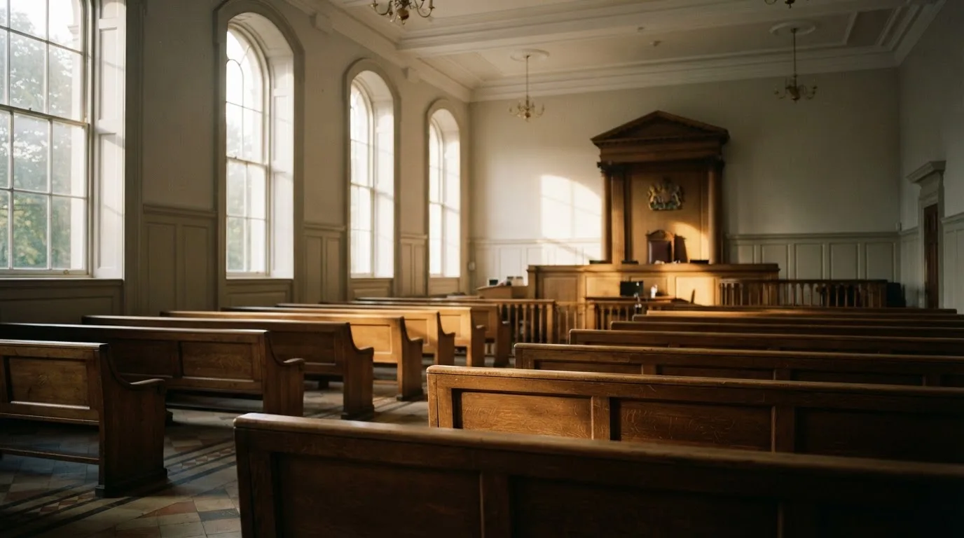 Una sala de tribunal vacía con bancos de madera a la luz de la mañana